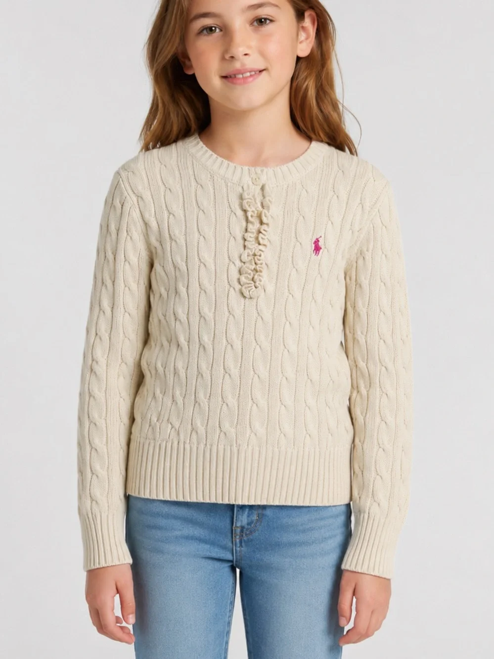 Ralph Lauren Girls Cable Knit Sweater Size M (10) Ivory Cotton Ruffle Henley Pin